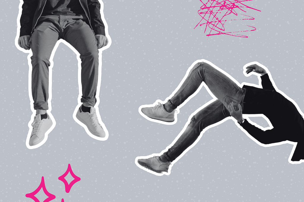 Two black-and-white cut-out images of men in casual clothing are positioned against a gray background with pink doodles and stars.