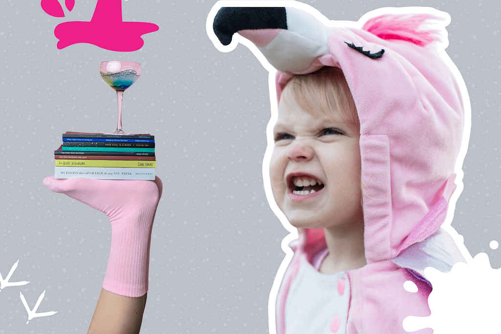 Close-up of a girl in a pink flamingo costume