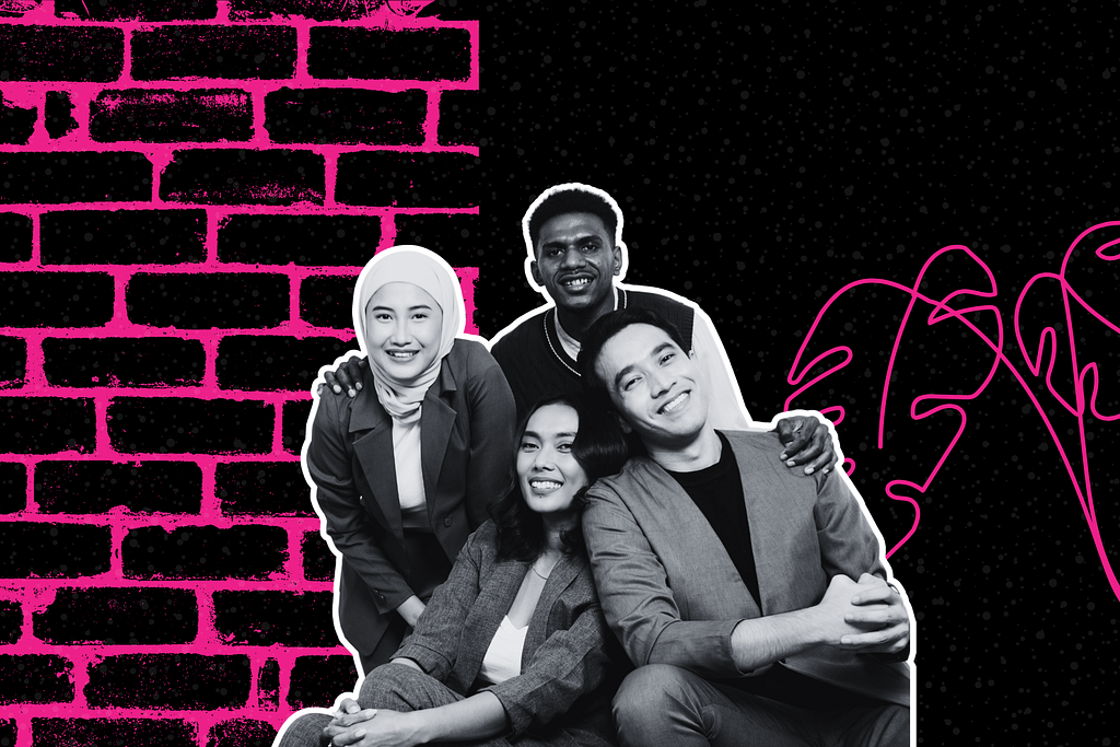 Four people pose together, smiling, in front of a stylized brick wall and graphic leaf design on a black background.