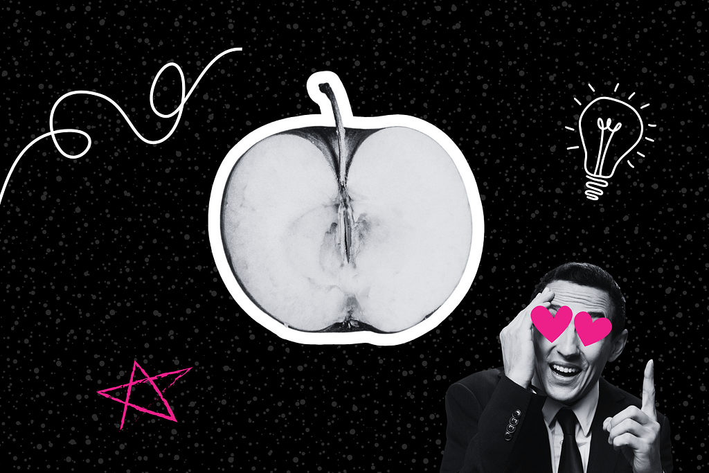 Custom graphic of sliced open apple and man thinking