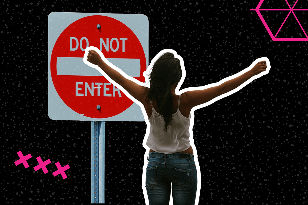 Photo of back of woman with arms stretched out, standing in front of a "Do Not Enter" sign