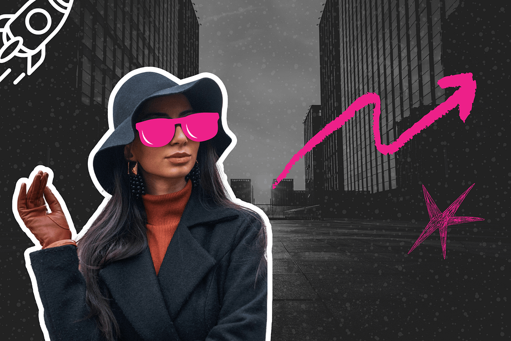 Photo of glamorous woman with pink cartoon sunglasses against a city backdrop