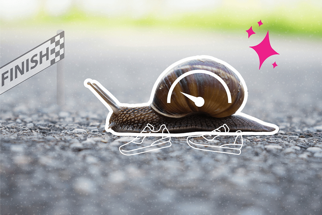 Image of a snail with cartoon shoes slowly crossing the finish line