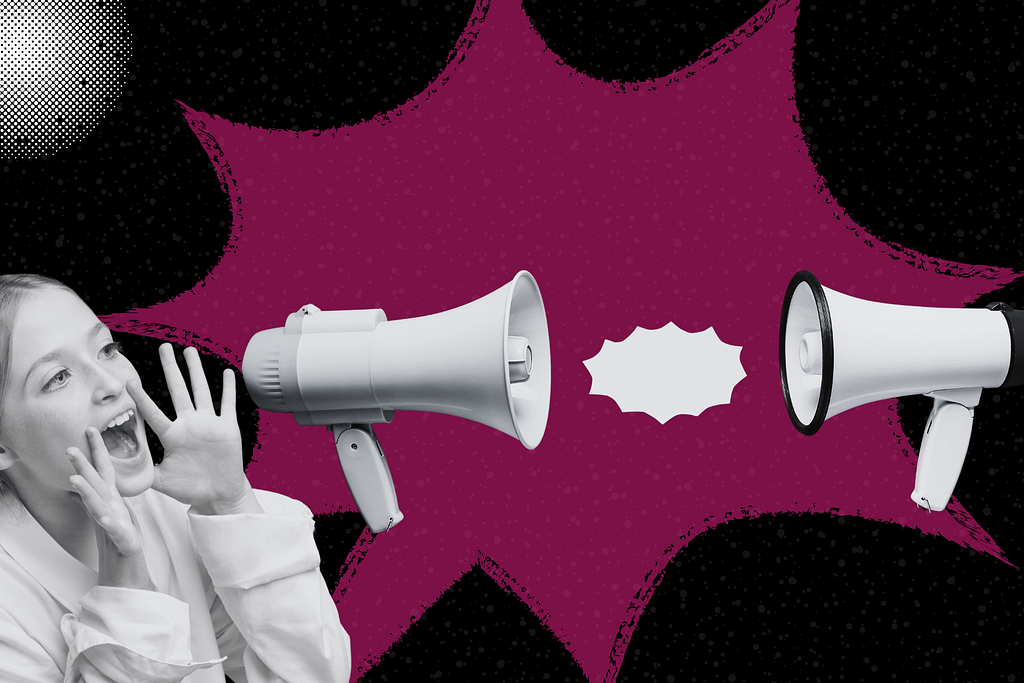 A woman shouts towards two megaphones facing each other, with a red comic-style background and speech bubbles between them.