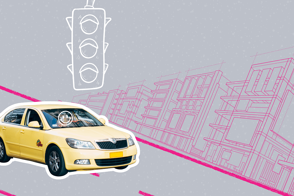 Custom graphic of taxi with smiley face as the driver against a city backdrop