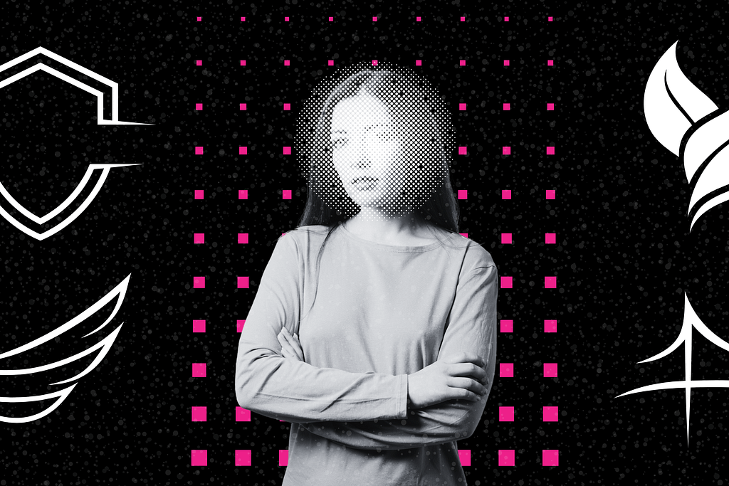 A woman stands with arms crossed in front of a digitally-altered background, featuring geometric shapes, white symbols, and a pink grid pattern.