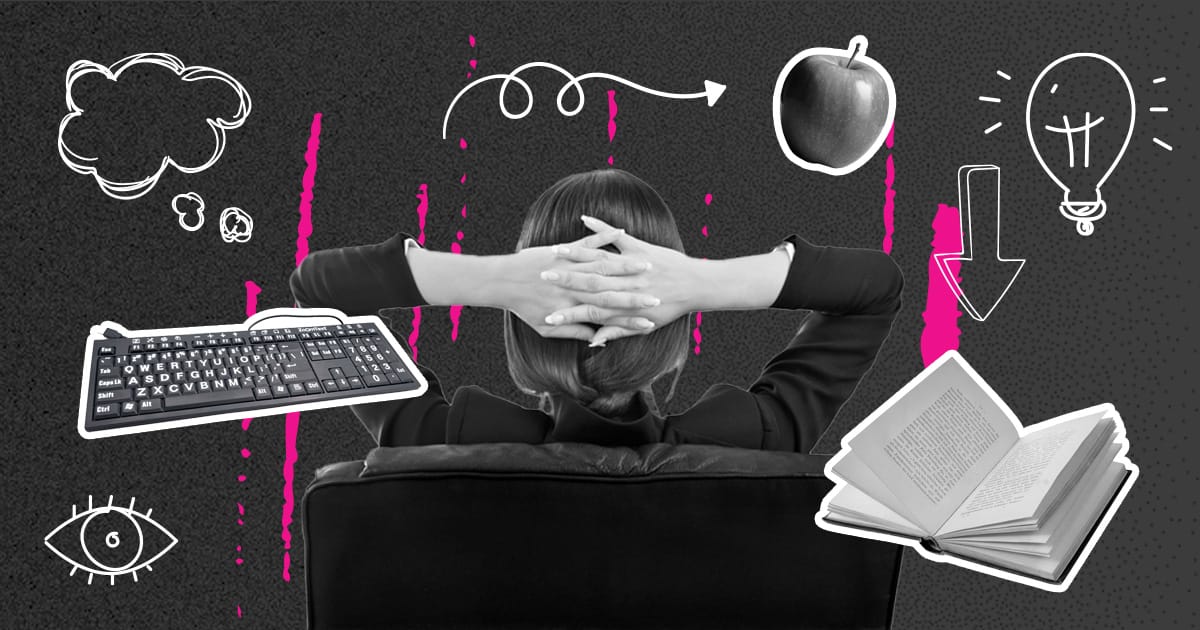 A person sits in a chair with hands behind their head, surrounded by doodles of a keyboard, apple, open book, lightbulb, eye, cloud, and arrows on a black background.