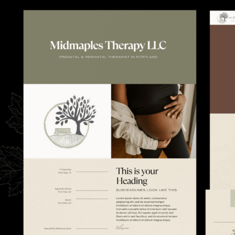 Flyer for Midmaples Therapy LLC featuring a logo, a pregnant person holding their belly, and placeholder text describing services.