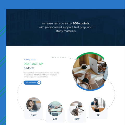 Website promoting test prep services with images of students studying. Headline: "Increase test scores by 200+ points with personalized support, test prep, and study materials.