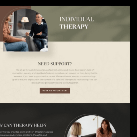 A brochure for individual therapy featuring a therapist with clients. It offers support for stress, depression, and trauma, promoting appointments for a safe, non-threatening environment.
