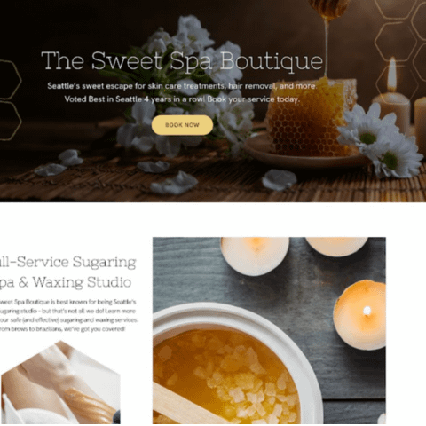 Website header for The Sweet Spa Boutique showcasing honeycomb and candles, advertising skin care and waxing services in Seattle. Includes a "Book Now" button.