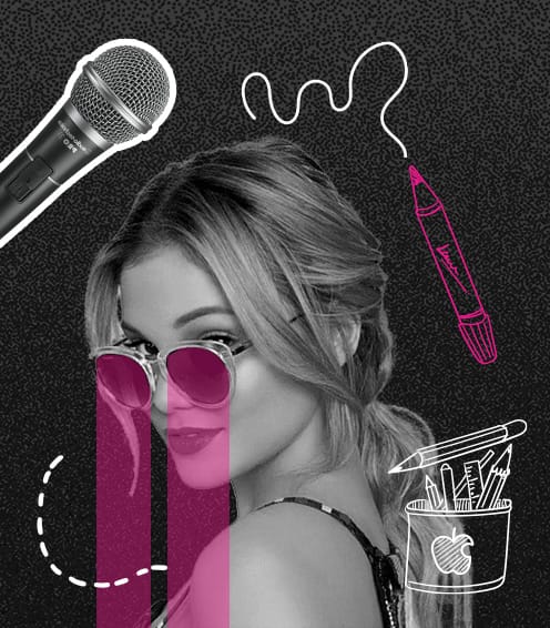 A person with long hair and sunglasses is overlaid with clip art of a microphone, pen, and stationery cup against a textured background, seamlessly blending the creativity of web design into the scene.