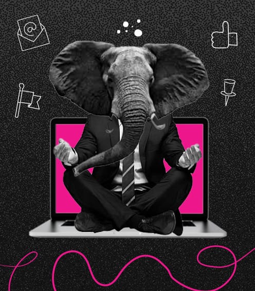 A person in a suit with an elephant head sits cross-legged on a laptop screen, symbolizing web design creativity. The background is adorned with icons like an envelope, thumbs up, and top hat, adding a whimsical touch to this digital tableau.