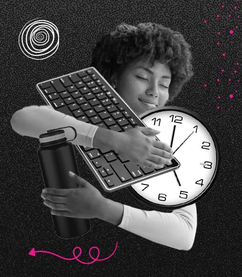 A person happily embraces a keyboard, clock, and water bottle, over a black and pink abstract background.