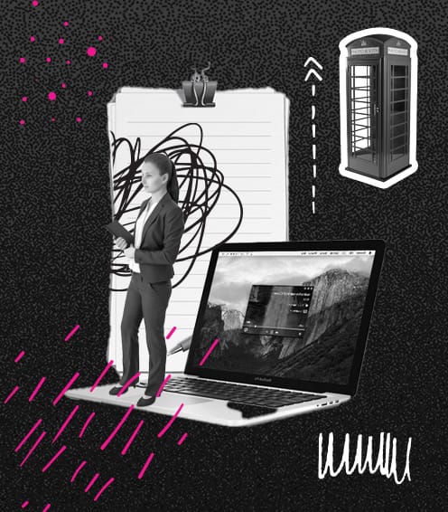 Collage of a woman with a tablet standing on a laptop keyboard, with abstract elements, notebook, and phone booth in the background.