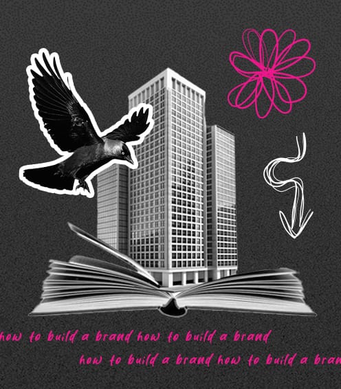 Collage showcasing a crow, a building, an open book, and abstract pink and white doodles with the repeated text "how to build a brand" at the bottom, subtly integrating elements of web design.
