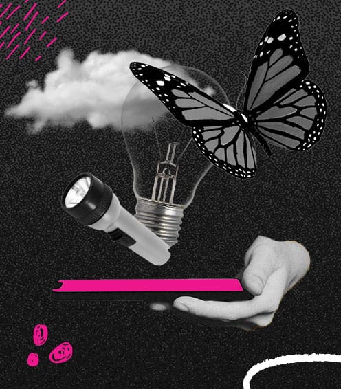 A hand holds a flat pink shape, symbolizing social media, with a flashlight, lightbulb, cloud, and butterfly floating above it on a speckled black background.