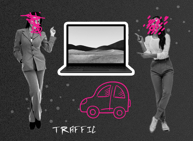 Black and white collage with laptop displaying hills, two women gesturing, and a pink car doodle labeled "Traffic" on a dotted background.