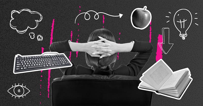 A person sits in a chair with hands behind their head, surrounded by doodles of a keyboard, apple, open book, lightbulb, eye, cloud, and arrows on a black background.