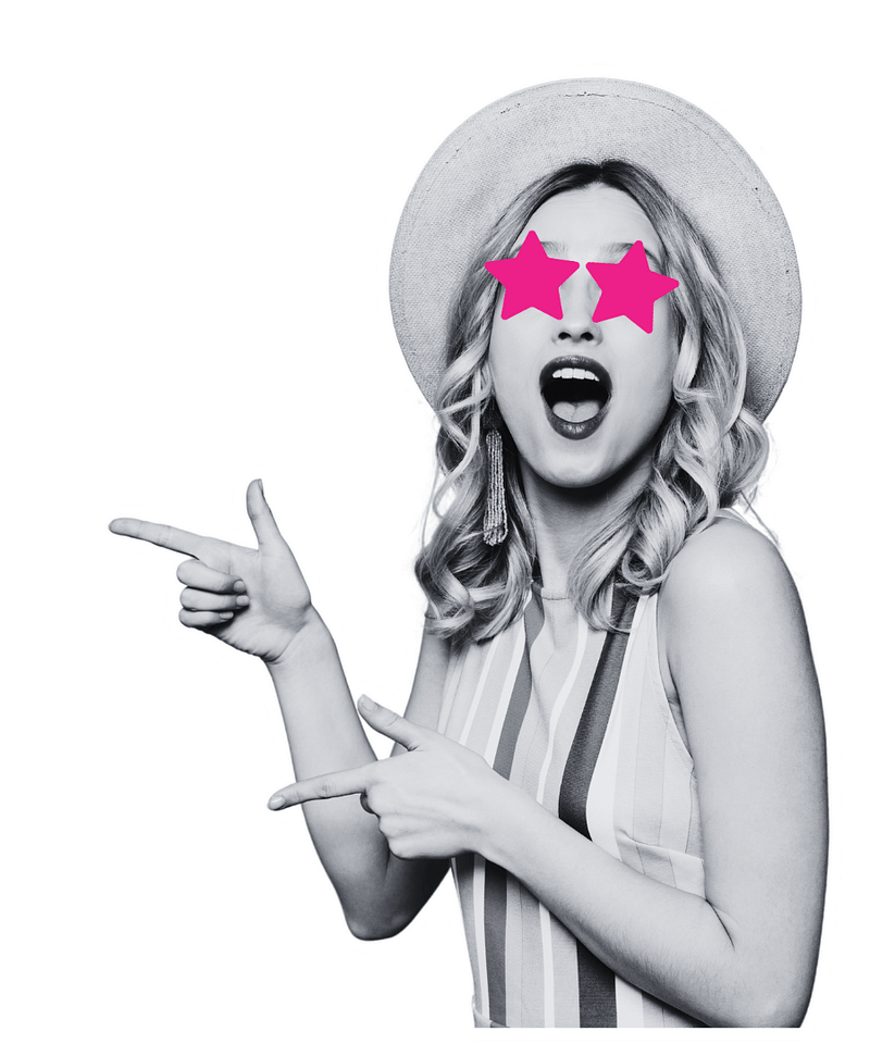 Woman in a striped dress and hat, with star-shaped eyes, pointing fingers in a playful manner. Black and white image with pink accents on eyes.